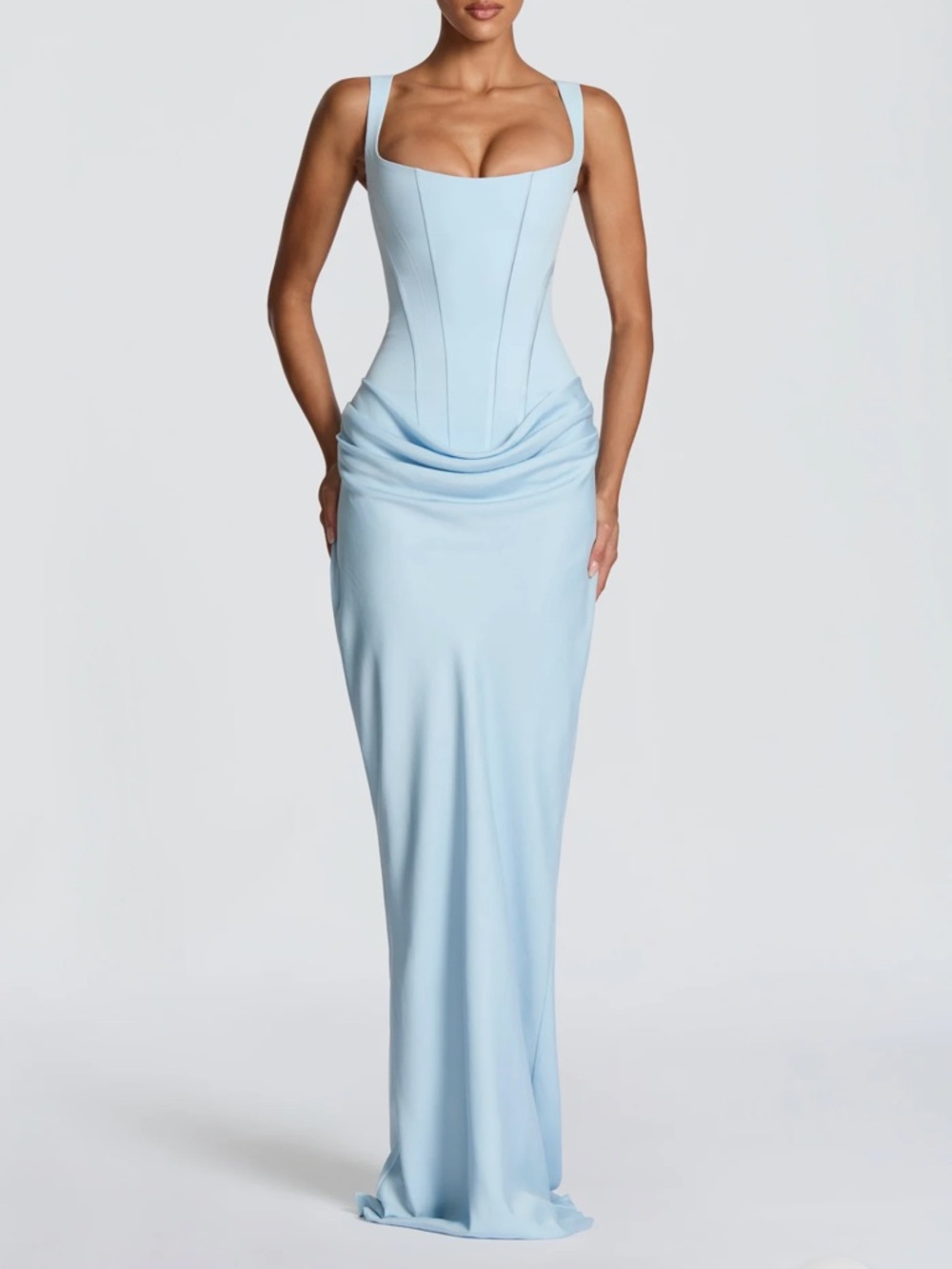 Light Blue Corset Maxi Dress with Draped Waist